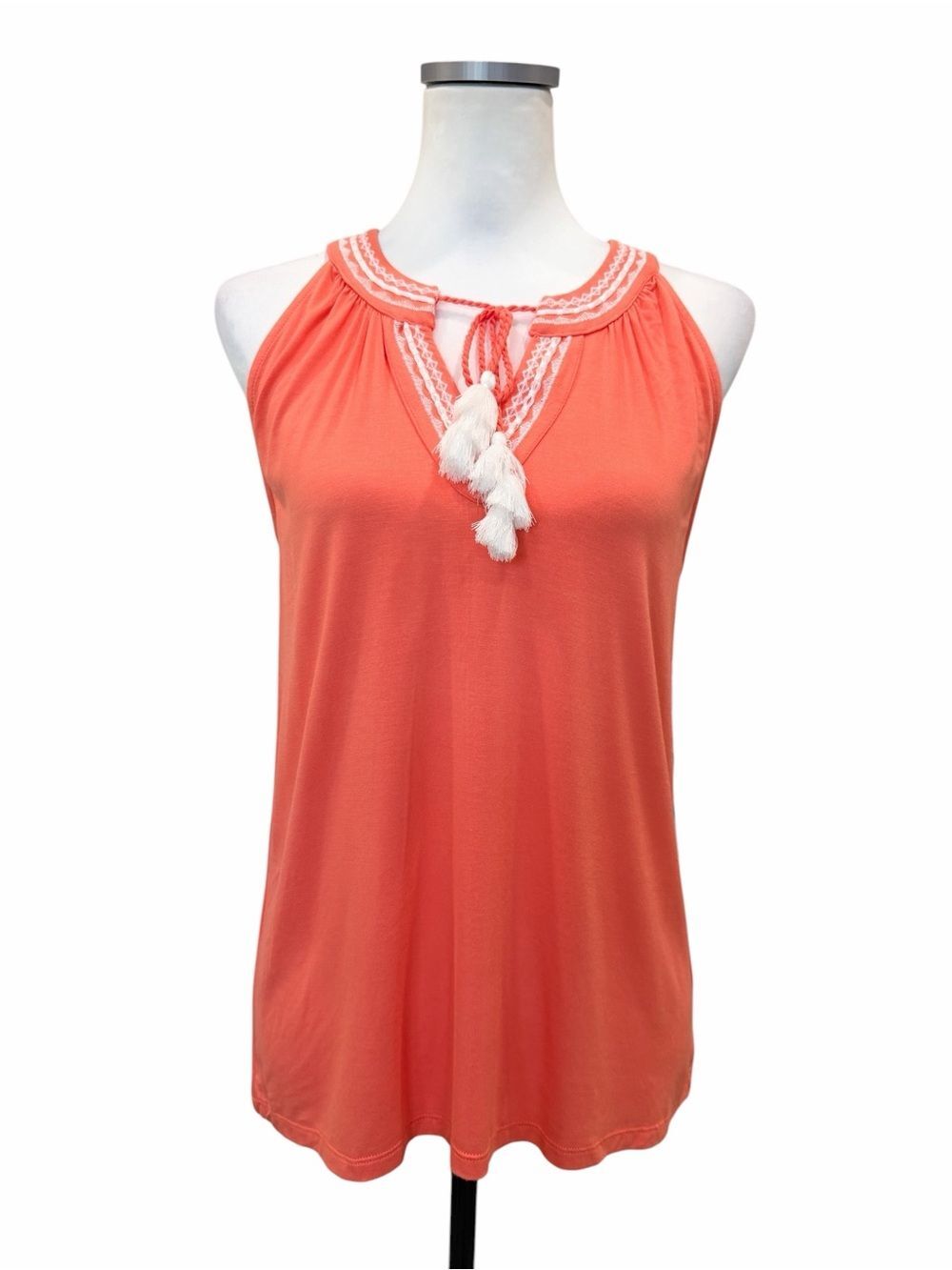 Jones New York Embroidered Halter Tank Tassel Tie Stretch Knit Coral Medium NEW